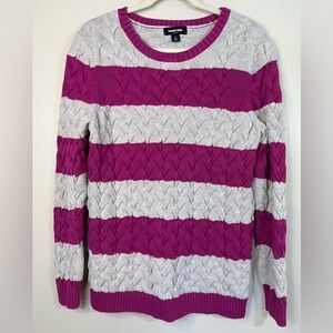 Lands' End Cotton Cable Knit Drifter Sweater Women’s Size Large Magenta Gray